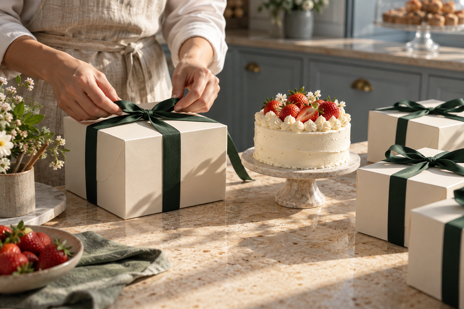 Hands tying a ribbon around a cake order at a bakery counter