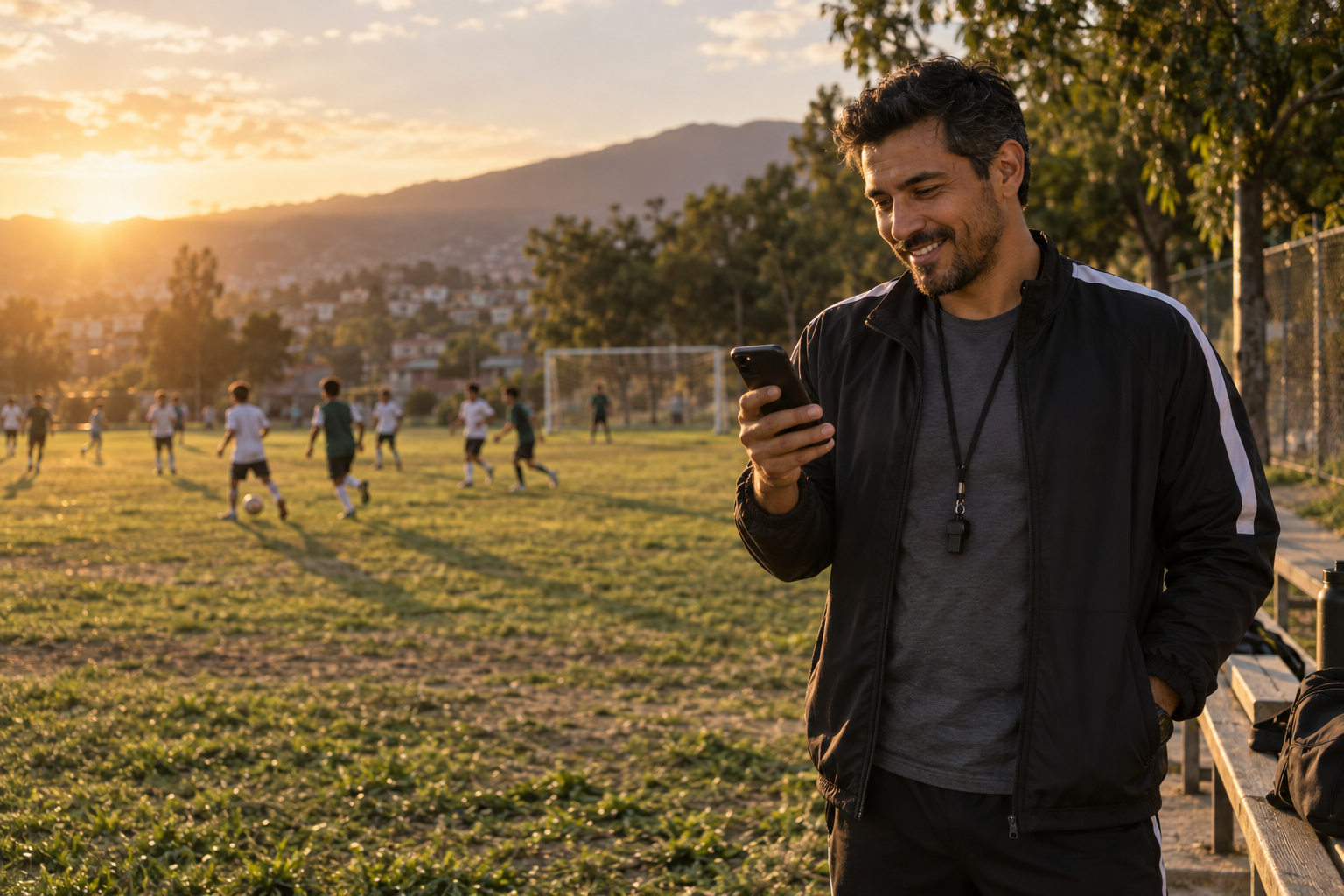 A school football coach watching a match at sunset