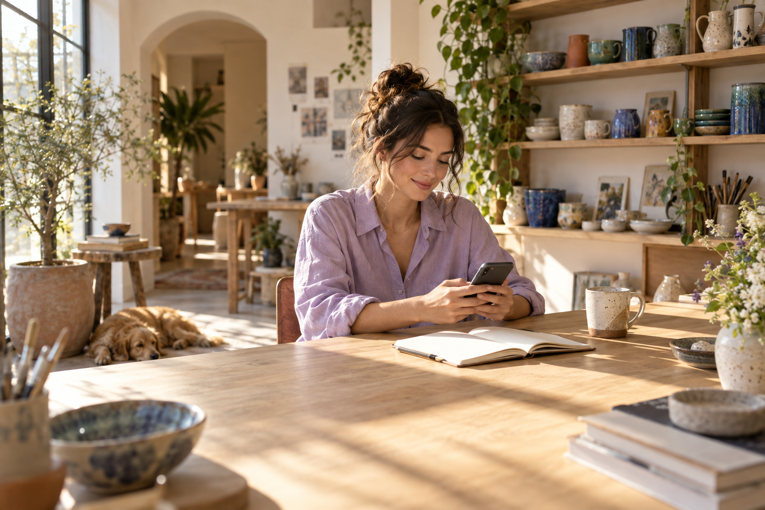 A maker taking a quiet moment in her sunlit studio